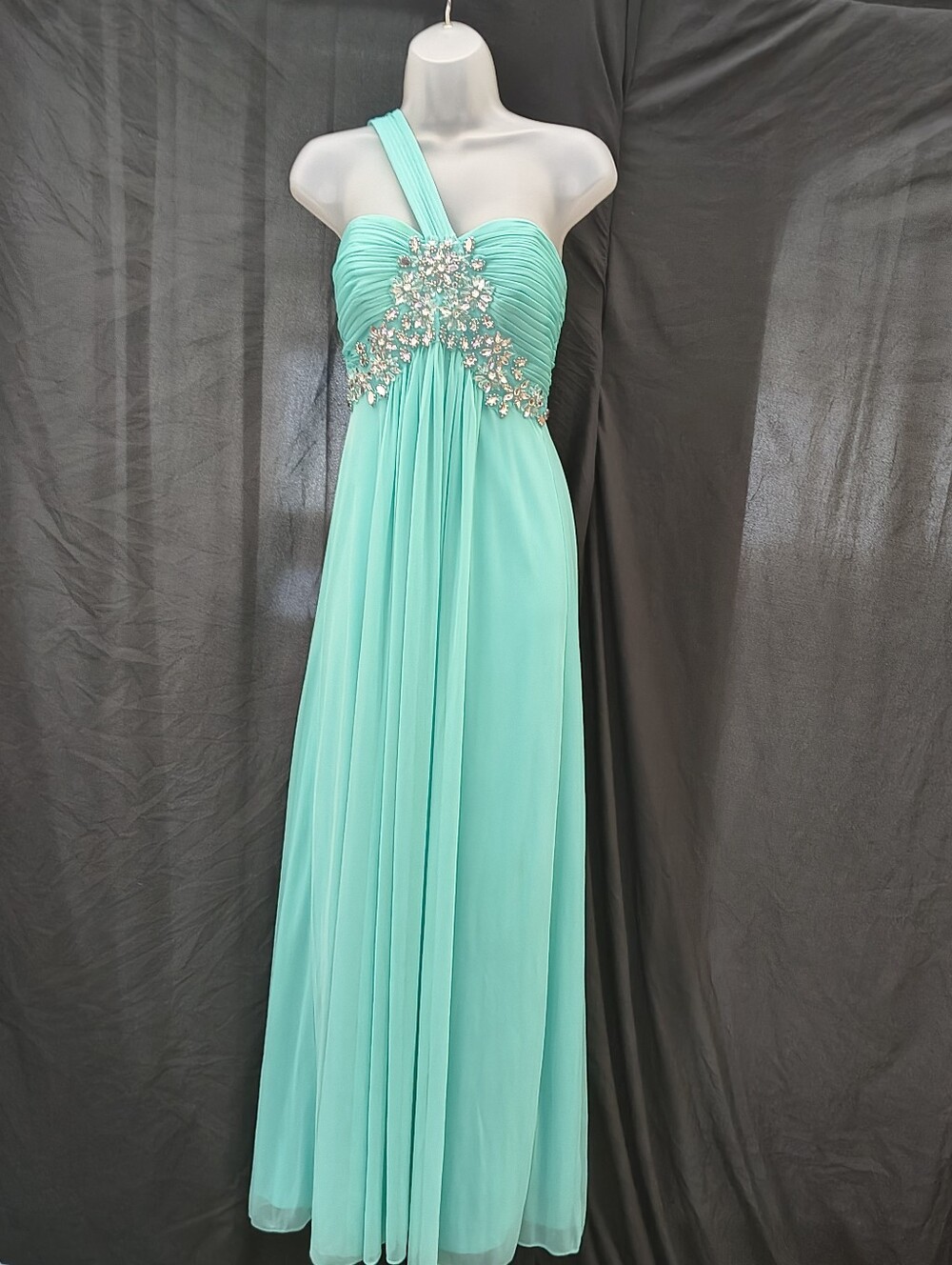 One-Shoulder Beautiful Aqua Evening Gown with Crystal Appliqué